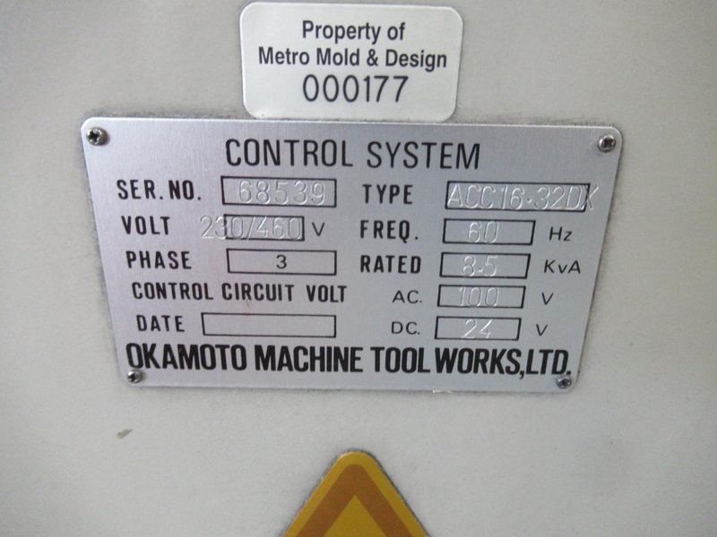 Okamoto ACC-16-32DX 3-Axis Hydraulic Surface Grinder with Incremental Down Feed. 16"x32" Chuck, Coolant System with Paper Filtration- Auction Item
