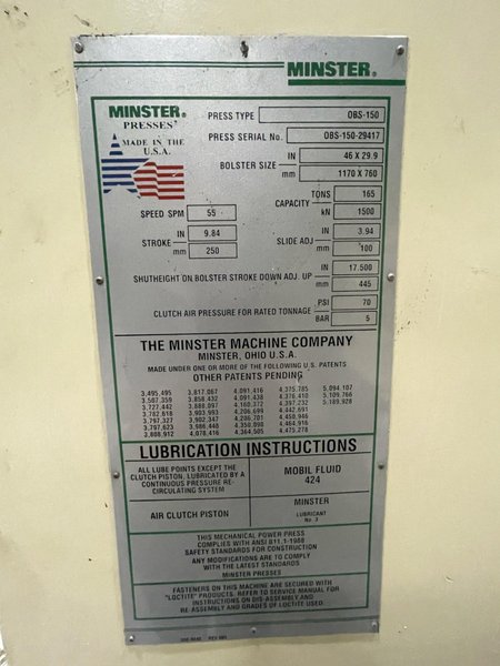 150 ton Minster Model# OBS-150 Mechanical Metal Stamping Press For Sale, Year 2000