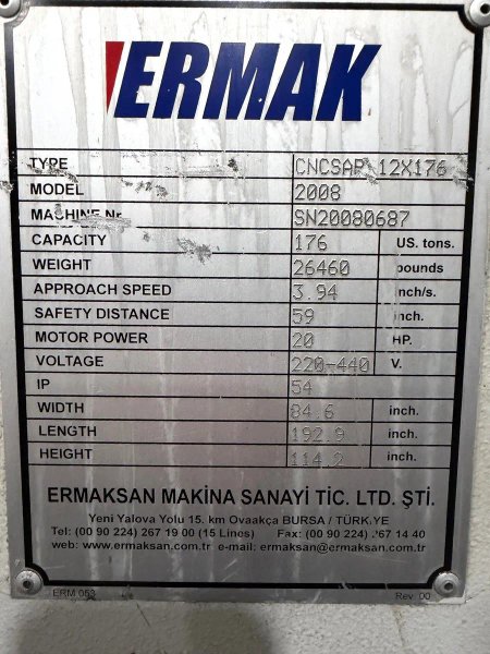 USED ERMAKSAN 12' X 176 TON HYDRAULIC CNC PRESS BRAKE MODEL CNC SAP 12X176
