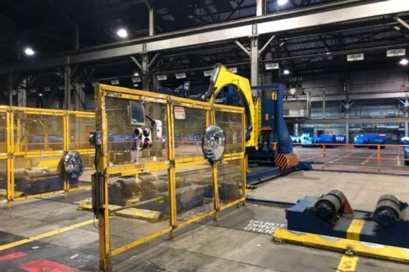 80" OD SAMUEL STRAPPING MEC DAGI 1800 AUTOMATED COIL WRAPPING MACHINE