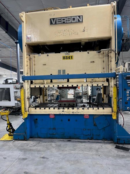 200 Ton Verson Press Model 200-B2-96, 12" STR, 25" SH, 8" ADJ, 103" LR x 54" FB BA, 20-40 SPM, CUSHIONS