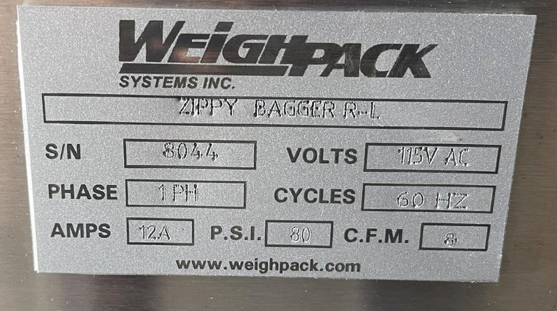 (B) WEIGHPACK Complete Set: Zippy Bagger R-L, Primolinear Scale V-5 2L/3P, Infeed Conveyor, Floor Hopper
