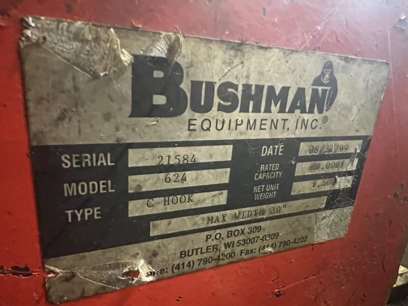 20,000 LB 10 TON x 30" WIDE BUSHMAN MODEL #624 COIL LIFTING C-HOOK: STOCK #14176