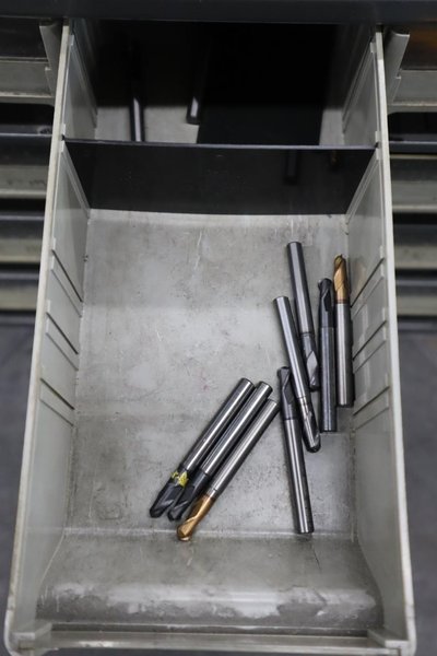 Multi-Drawer Cabinet (16) with Contents: Carbide End Mills, HSS Drills and More- Auction Item