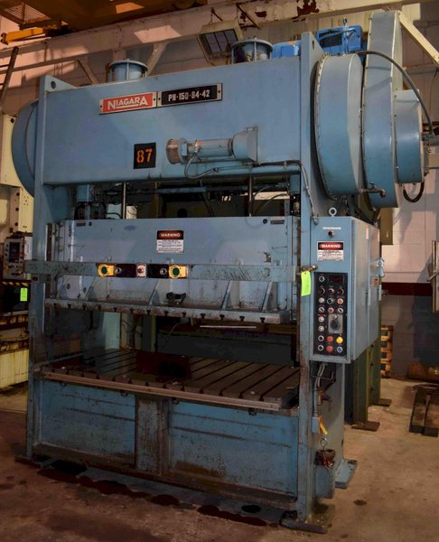 150 Ton Niagara Straight Side Press, Model PN-150-84-42, 6" STR, 16" SH, 84"LR x 42"FB BA, 20" WDO, 30-60 SPM, 1987