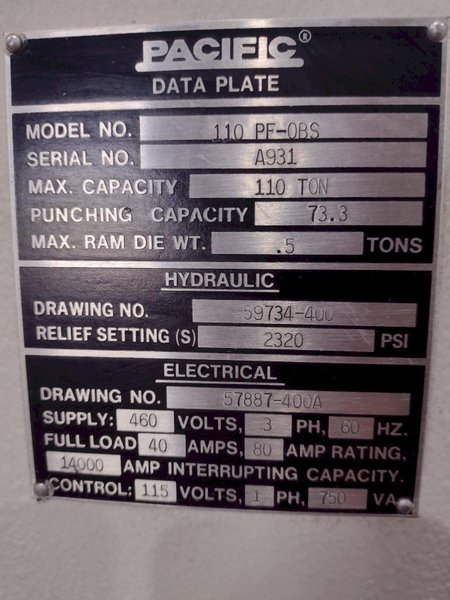 110 TON PACIFIC MODEL #110PF-OBS HYDRAULIC PRESS: STOCK #18261