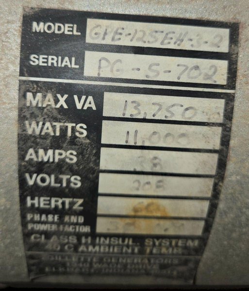 GILLETTE GPE-125EH-3-2 208V 38AMPS GENERATOR USED