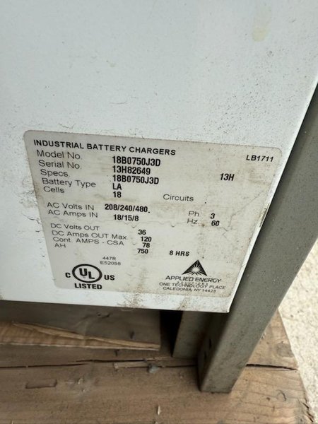 1 - PREOWNED APPLIED ENERGY SOLITION REACO INDUSTRIAL BATTERY CHARGER, MODEL #: 18B0750J3D, S/N: 13H82649