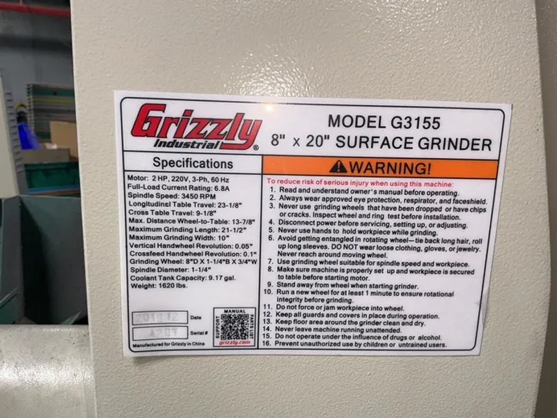 Grizzly 8” X 16” Surface Grinder - G3155