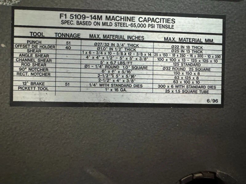 USED SCOTCHMAN 51 TON HYDRAULIC IRONWORKER MODEL FI5109-14M