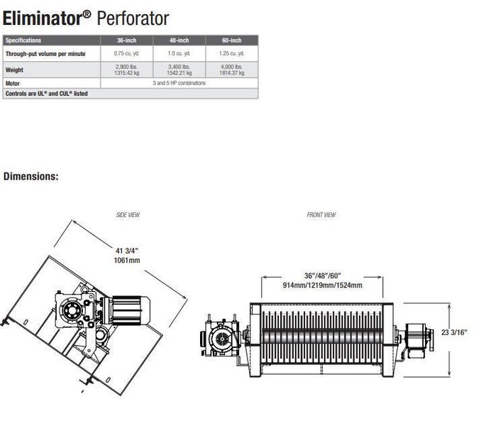 60" WIDE MARATHON MODEL #PERFORATOR FOR PLASTIC BOTTLES &amp; ALUMINUM CANS : STOCK #21935