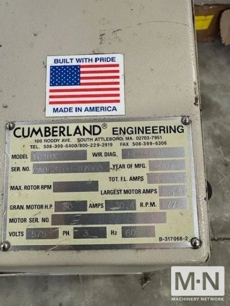 30 HP CUMBERLAND MODEL 1640X GRANULATOR MFG 2007