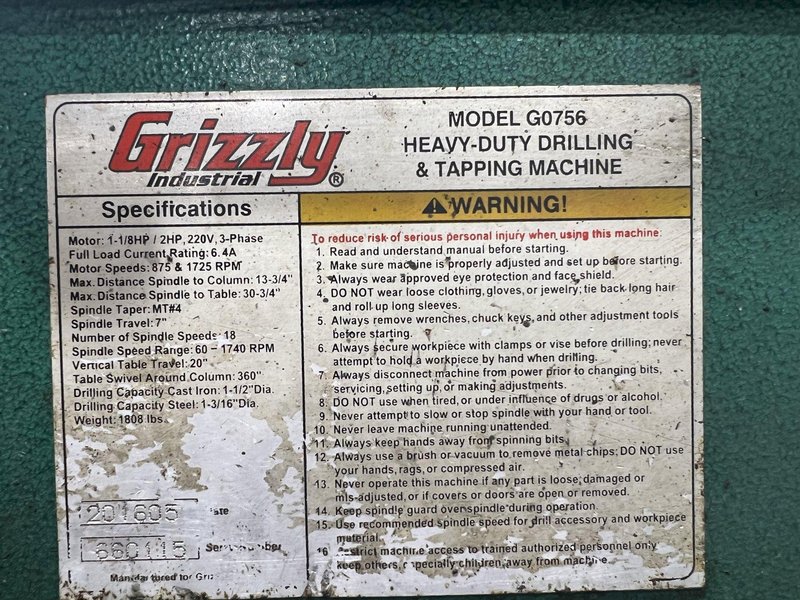 27" GRIZZLY MODEL #G0756 HEAVY DUTY DRILLING &amp; TAPPING SINGLE SPINDLE DRILL:: STOCK 16885