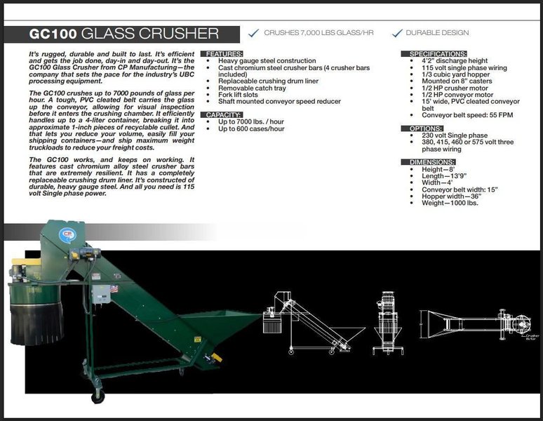 96" CP MFG MODEL #GC-100 "GLASSHOPPER" PORTABLE INCLINED CONVEYOR &amp; GLASS CRUSHER: YOBRO #24416