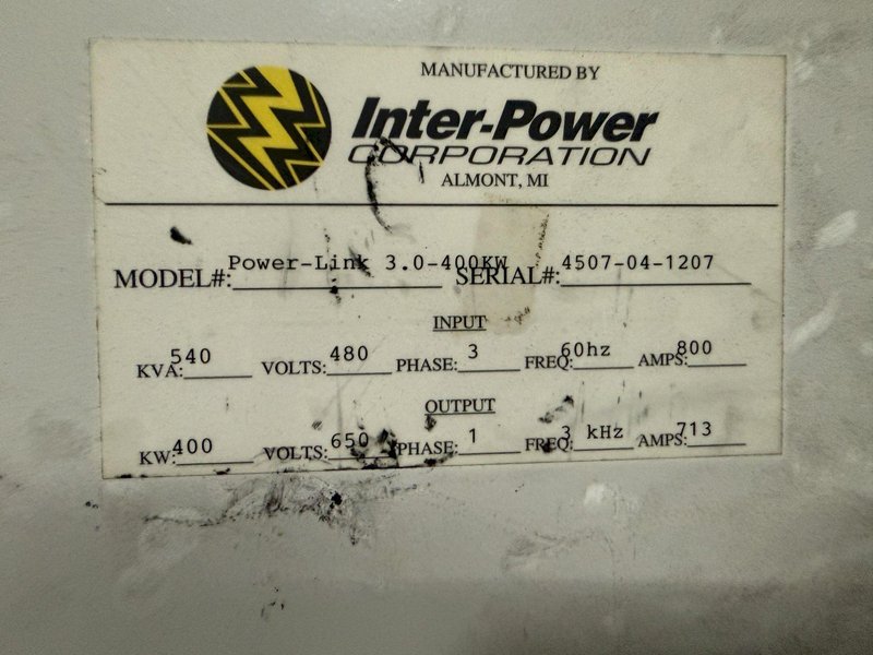 400 KW x 2 BAR INTER-POWER POWER-LINK 3.0 BILLIT INDUCTION HEATING SYSTEM, NEW 2007: YOBRO #24766