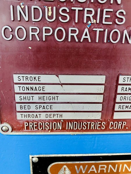 (1996) 60 TON FEDERAL/PRECISION INDUSTRIES OBI PRESS. STOCK # 0635821