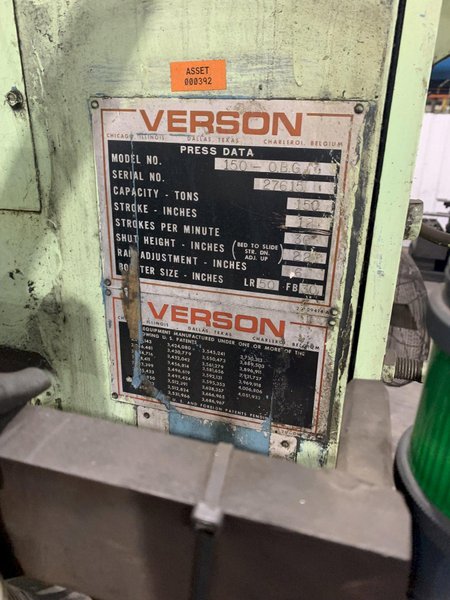 150 ton Verson Single Crank Mechanical Metal Stamping Gap Frame Press For Sale, Model 150-OBG Includes Mechanical Recondition!