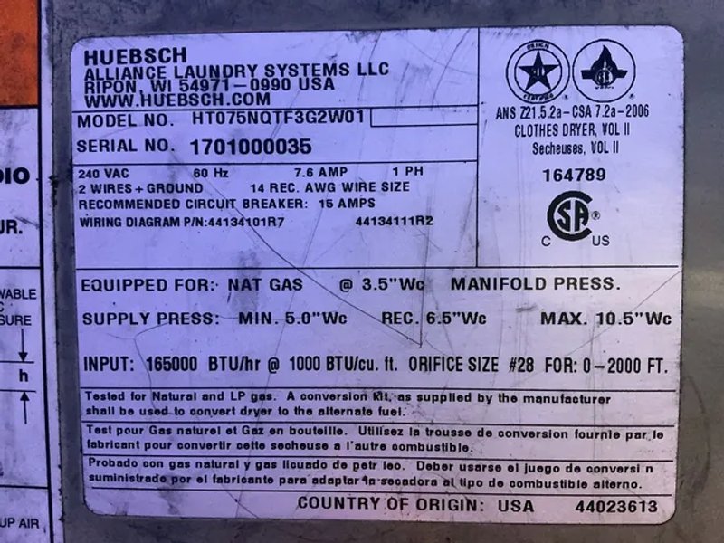 Huebsch 26” X 36” Drum Dryer - Ht075nqtf3g2w01