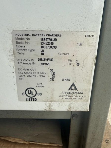 1 - PREOWNED APPLIED ENERGY SOLITION REACO INDUSTRIAL BATTERY CHARGER, MODEL #: 18B0750J3D, S/N: 13H82649