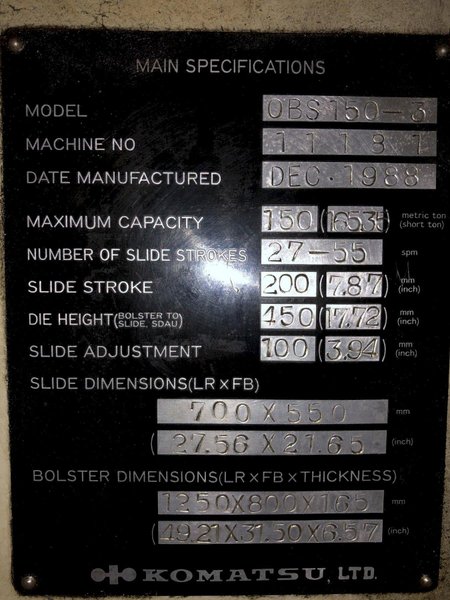 150 TON KOMATSU MODEL OBS-150-3 GAP FRAME PRESS:  STOCK 16340
