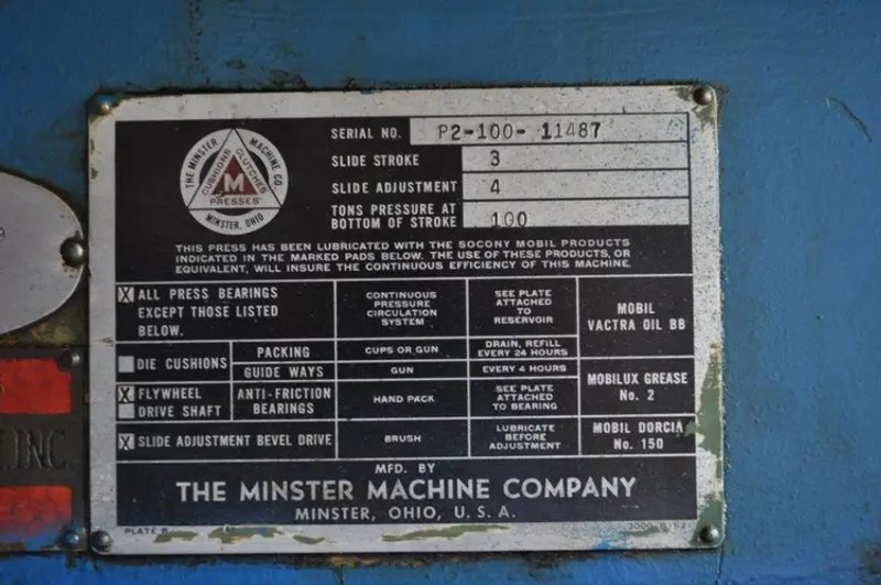 MINSTER 100 TON SSDC PRESS, STOCK# 13617J