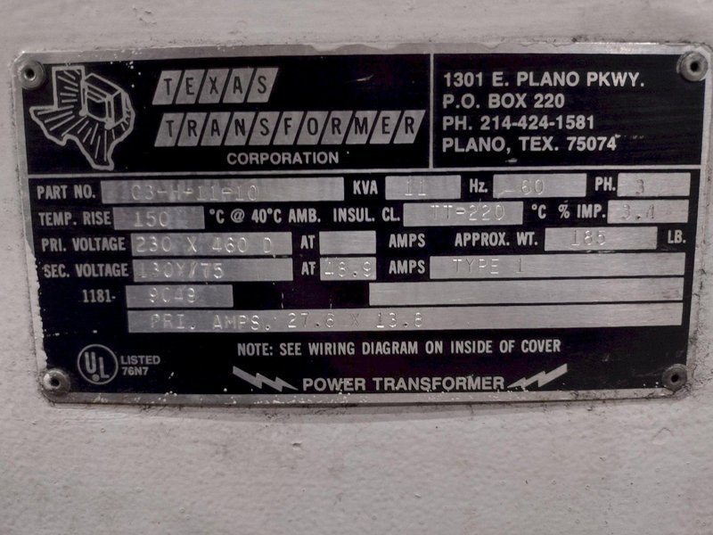11 KVA TEXAS 230X480D <--> 130Y/75 ELECTRICAL TRANSFORMER: STOCK #23252