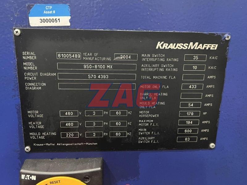Krauss Maffei Used KM 950/01 8100 MX Injection Molding Machine, 950 ton, 175 oz.