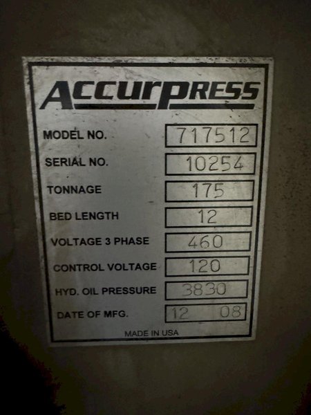 1 - PREOWNED ACCURPRESS ADVANTAGE CNC 12' X 175 TON PRESS BRAKE, MODEL #: 717512, S/N: 10254, YEAR: 2008