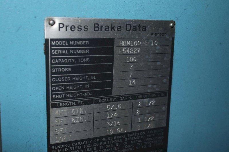 100 TON X 10' TON NIAGARA HYDRAULIC PRESS BRAKE: STOCK #76309
