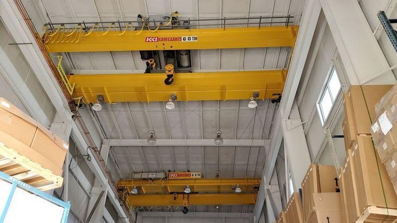 60 TON (10T AUX) x 36' KONE 8-WHEEL DOUBLE GIRDER OVERHEAD BRIDGE CRANE: STOCK #18376