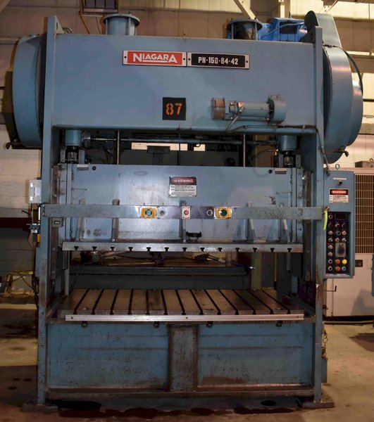 150 Ton Niagara Straight Side Press, Model PN-150-84-42, 6" STR, 16" SH, 84"LR x 42"FB BA, 20" WDO, 30-60 SPM, 1987