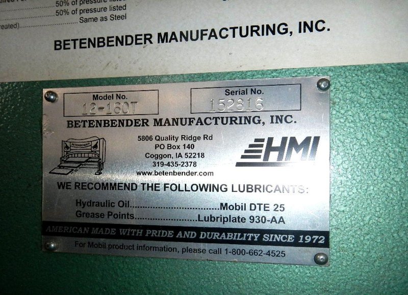 Betenbender 160 Ton x 12' Hydraulic Press Brake MODEL 12'-160 w/ CNC Back Gauge