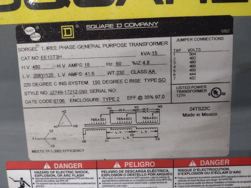 15 KVA SQUARE D 480 VOLT <--> 208Y/120 3 PHASE ELECTRICAL TRANSFORMER: STOCK #21930