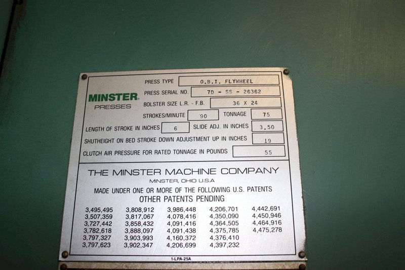 75 TON MINSTER DIE NAMIC BACK GEARED OBI PRESS: STOCK #76283