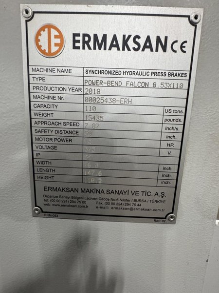 110 TON X 8'6" ERMAKSAN CNC HYDRAULIC PRESS BRAKE: STOCK #80654
