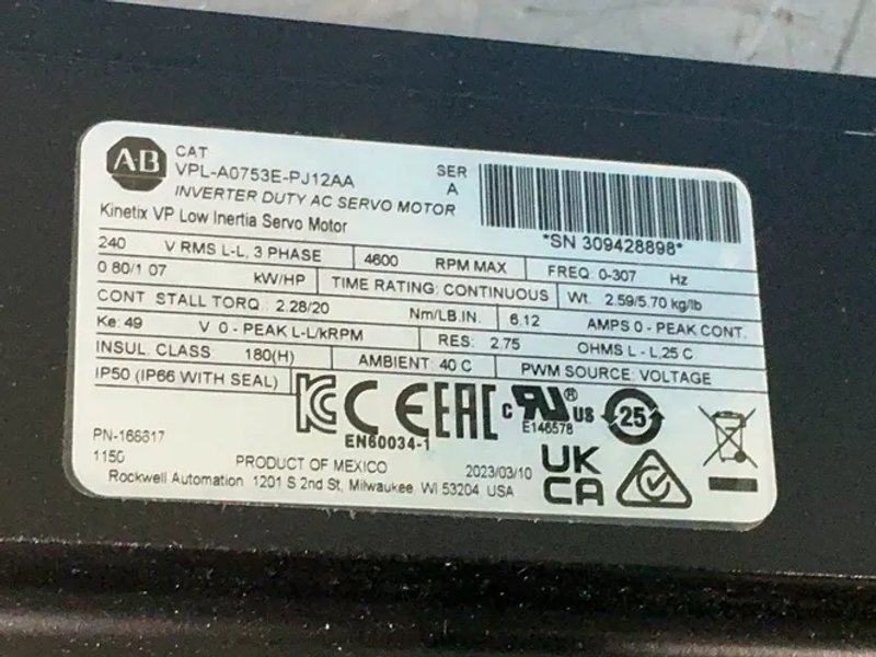 Allen-bradley 4000rpm 1.07hp Kinetix Vp Low Inertia Servo Motor - Vpl-a0753e-pj12aa
