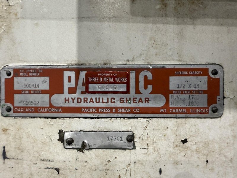 14' x 1/2" PACIFIC MODEL #500R HYDRAULIC POWER SHEAR WITH BACK GAUGE: STOCK #22940