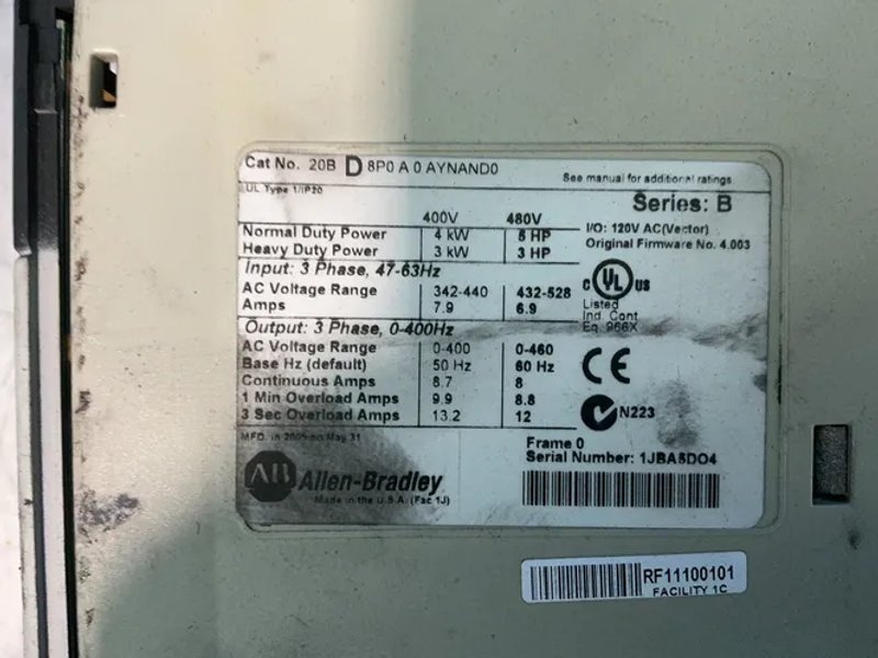 Allen-bradley 5 / 3 Hp Powerflex 700 Variable Frequency Drive - 208d8p0a0aynand0