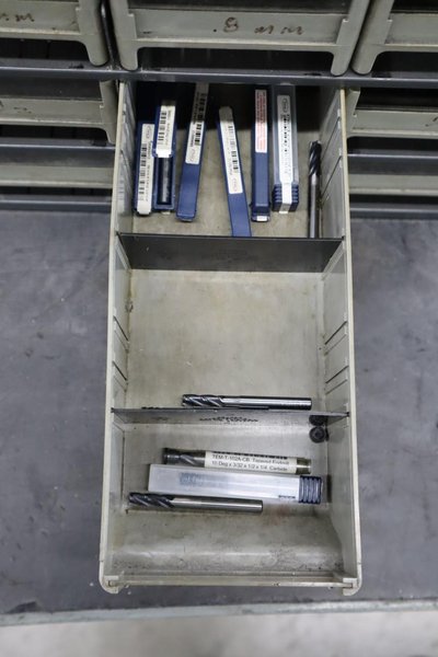 Multi-Drawer Cabinet (16) with Contents: Carbide End Mills, HSS Drills and More- Auction Item