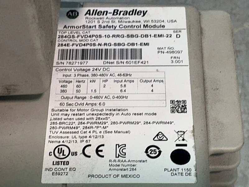Allen-bradley Armorstart Safety Control Module - 284gs-fvd4p0s-10-rrg-sbg-db1-emi-22