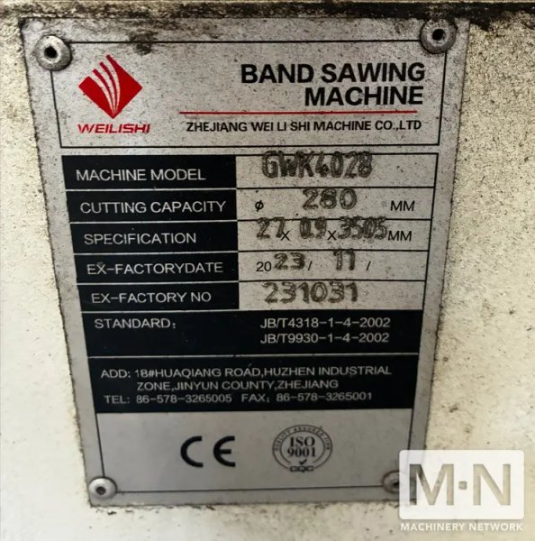 Weilishi GWK4028 Horizontal Band Saw, 2023