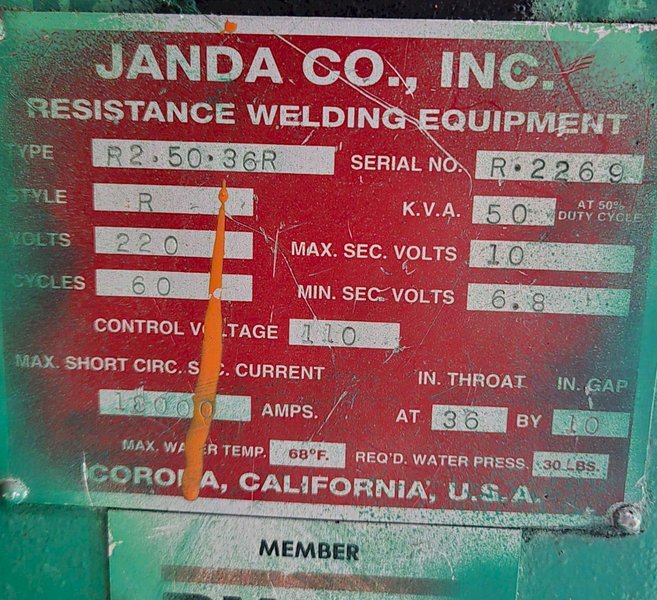 JANDA CO R2-50-36R BUTT WELDER 50 KVA 220V  36″ Throat USED