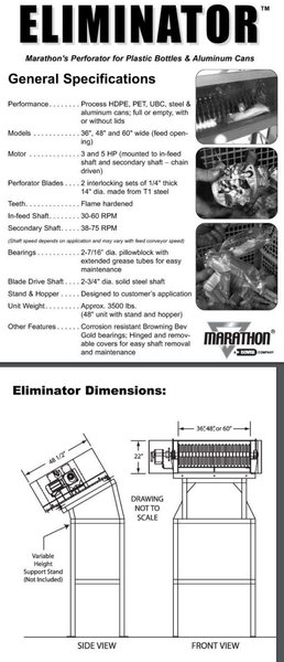 60" WIDE MARATHON MODEL #PERFORATOR FOR PLASTIC BOTTLES &amp; ALUMINUM CANS : STOCK #21935
