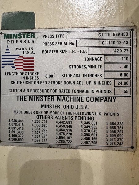 110 TON MINSTER MODEL #G1-110 GAP FRAME PRESS, 8" STROKE: STOCK #4473