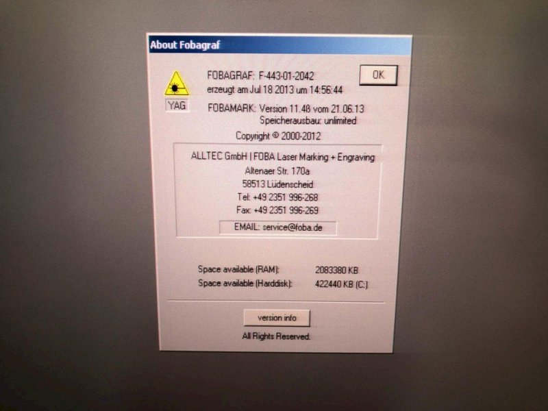Foba G10 UV 5 axis Laser Marking Machine, 2013