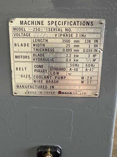 10" X 10" AMADA HA250SA HORIZONTAL BANDSAW. STOCK # 0558025.