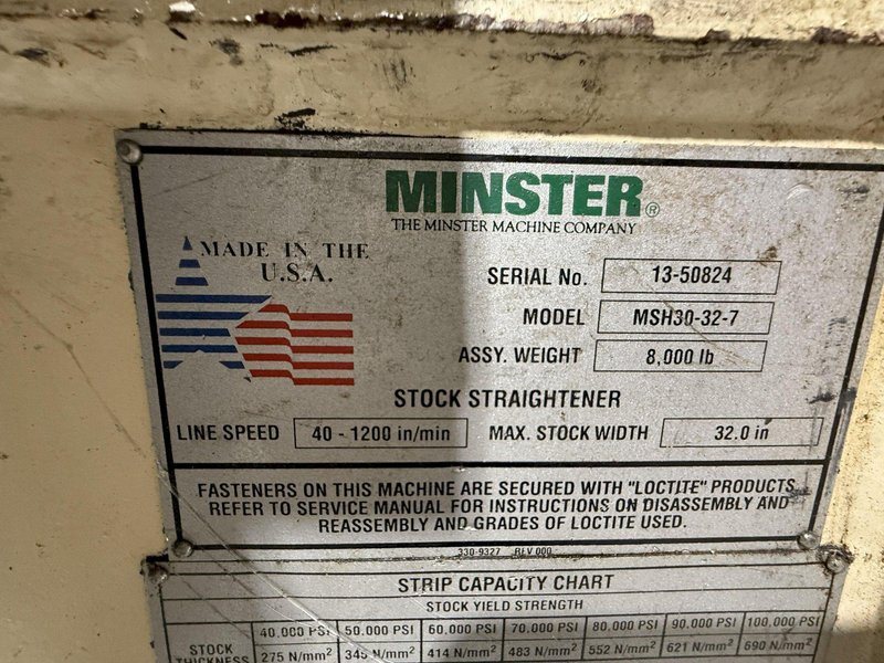 24,000 lbs. x 32" Width Minster Coil Reel and Minster Powered Straightener,  Model#MRH20-38S &amp; MSH30-32-7, Year 2007