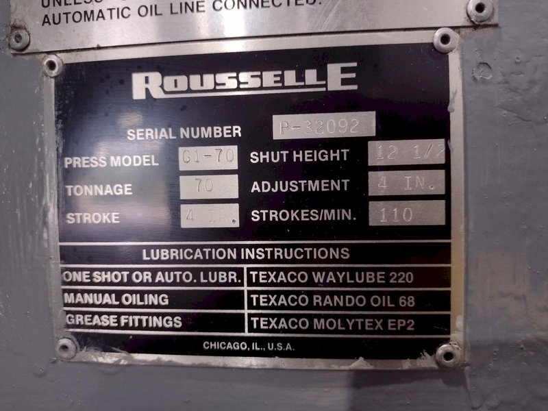 70 TON ROUSSELLE MODEL #G1-70 GAP FRAME STAMPING PRESS 4" STROKE: STOCK #19518