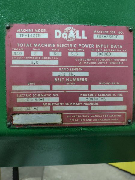 14" x 21" DOALL MODEL #TF-1421H VERTICAL TILTING BAND SAW: STOCK #21704