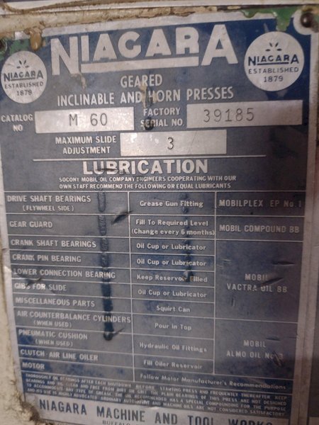 60 TON NIAGARA MODEL #M60 OBI STAMPING PRESS, 4" STROKE: STOCK #19179